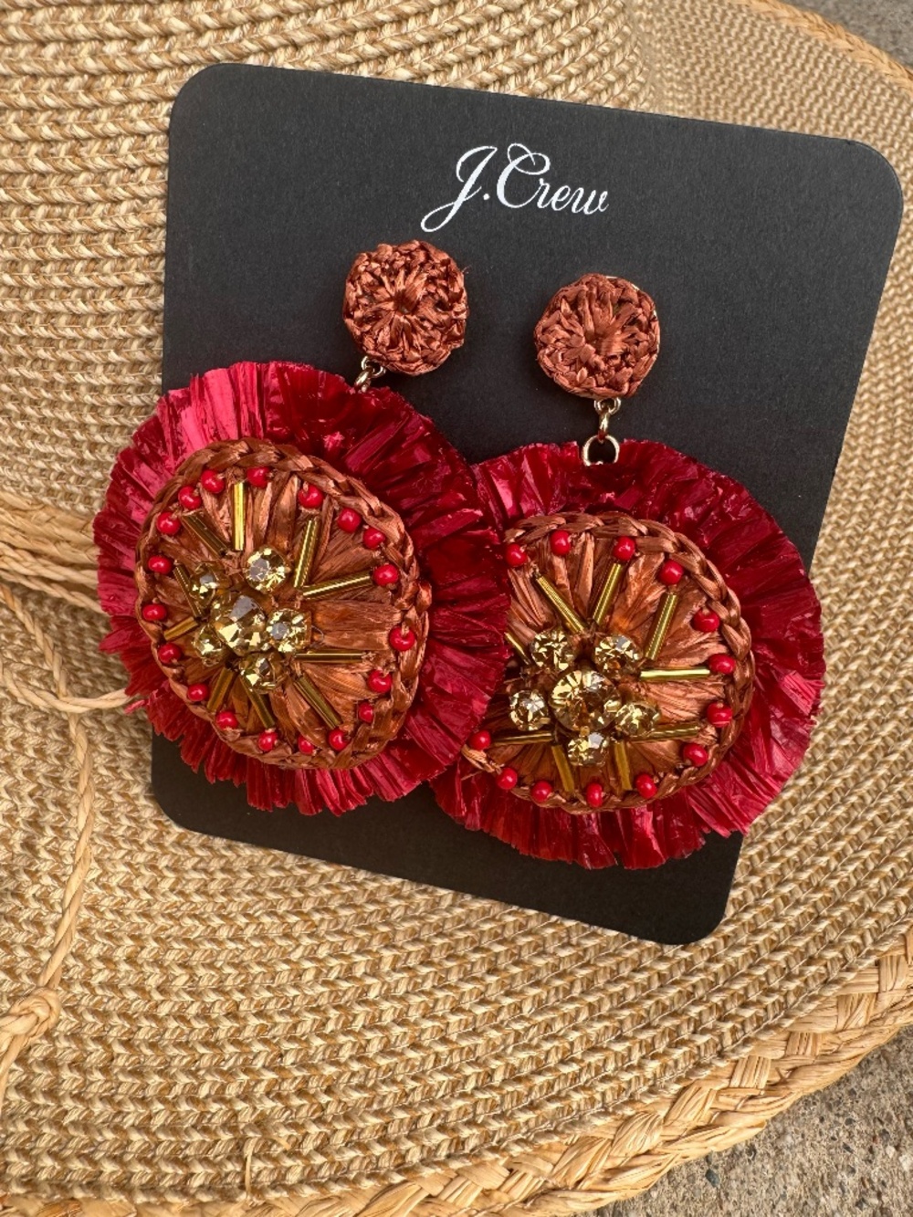 J.Crew Red Raffia Statement Earrings NWT Resort Vacation Wedding Guest Boho Glam